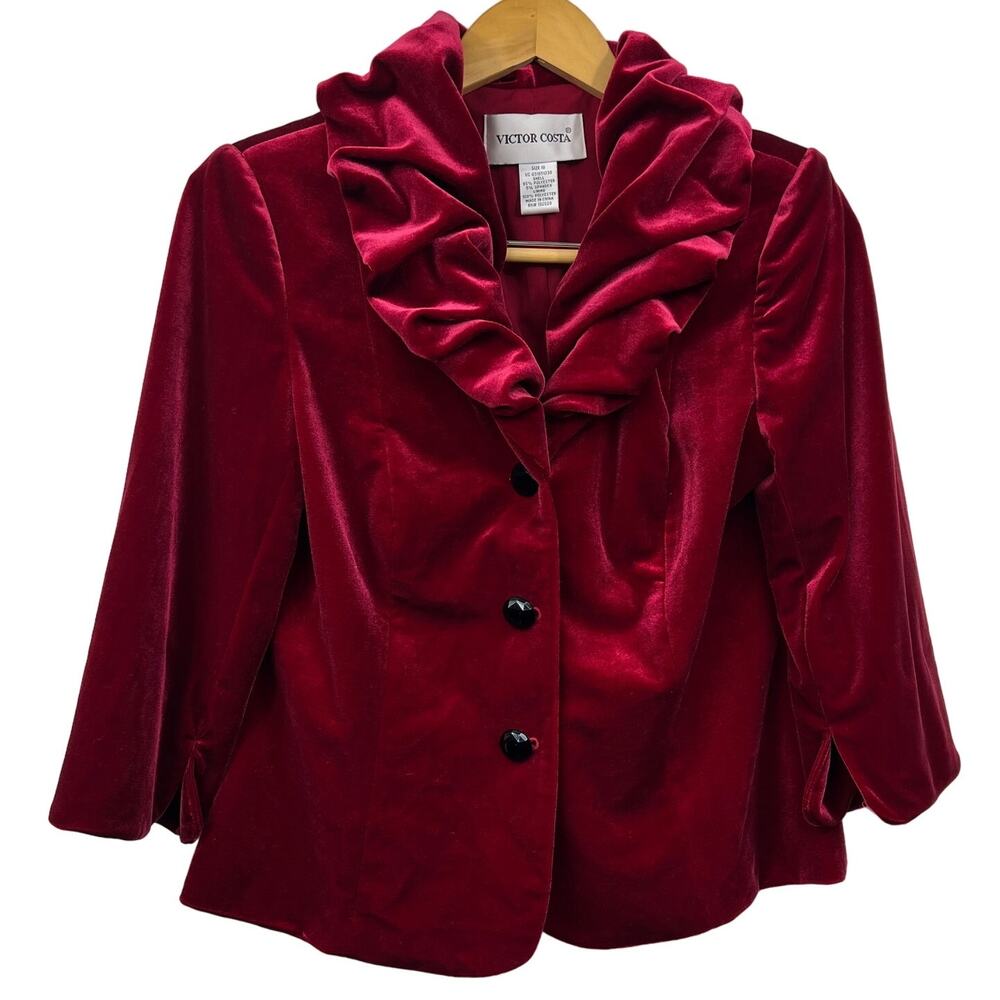 Victor Costa Vintage Deep Red Velvety Blazer Jacket Black Bauble Buttons Sz 10